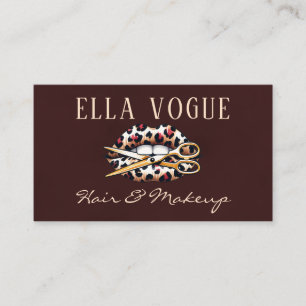Stylish Burgundy Lips Scissors Hair Makeup Business Card