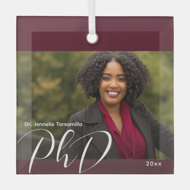 Stylish Burgundy Photo PhD Graduation Glass Tree Decoration (Front)
