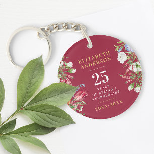 Stylish Burgundy Red And White Floral Anniversary Key Ring