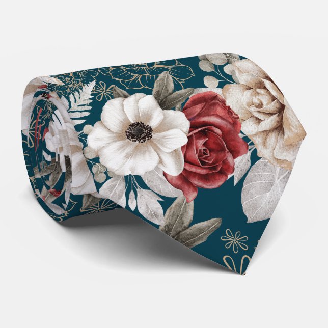 Stylish Burgundy Rose Blue Floral Pattern Tie (Rolled)