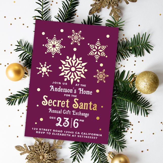 Stylish Burgundy Secret Santa Snowflake Invitation (Creator Uploaded)