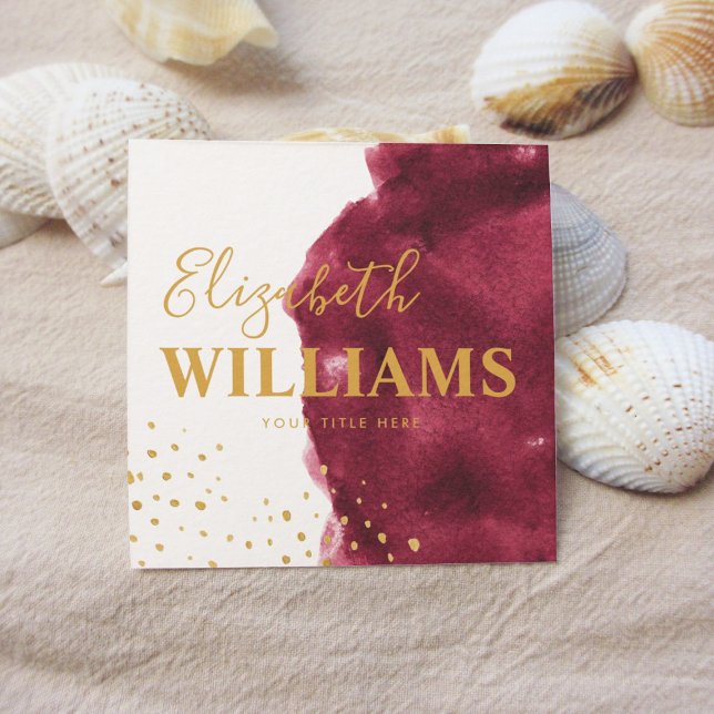 Stylish Burgundy Watercolor Brushstroke and Gold  Square Business Card (Creator Uploaded)