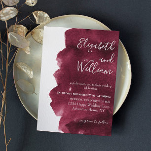 Stylish Burgundy Watercolor Brushstroke Wedding Invitation