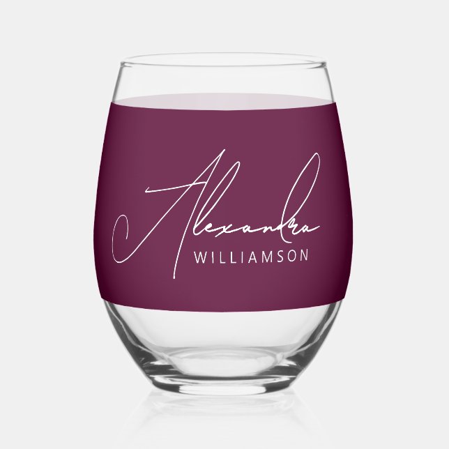 Stylish Burgundy  White Modern Calligraphy Name  Stemless Wine Glass (Front)