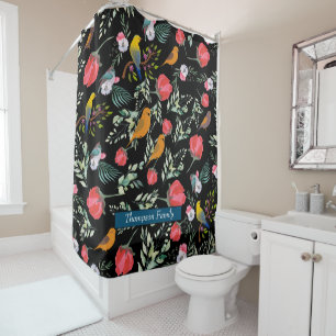 Stylish burlap Monogram l Birds and floral l Black Shower Curtain