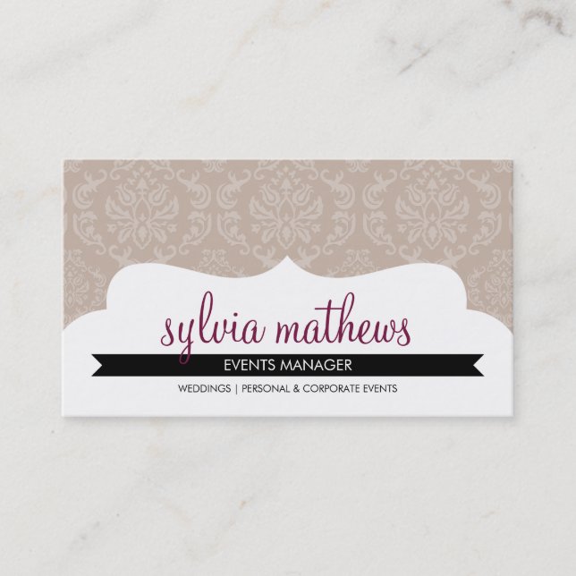 STYLISH BUSINESS CARD elegant damask frame latte (Front)