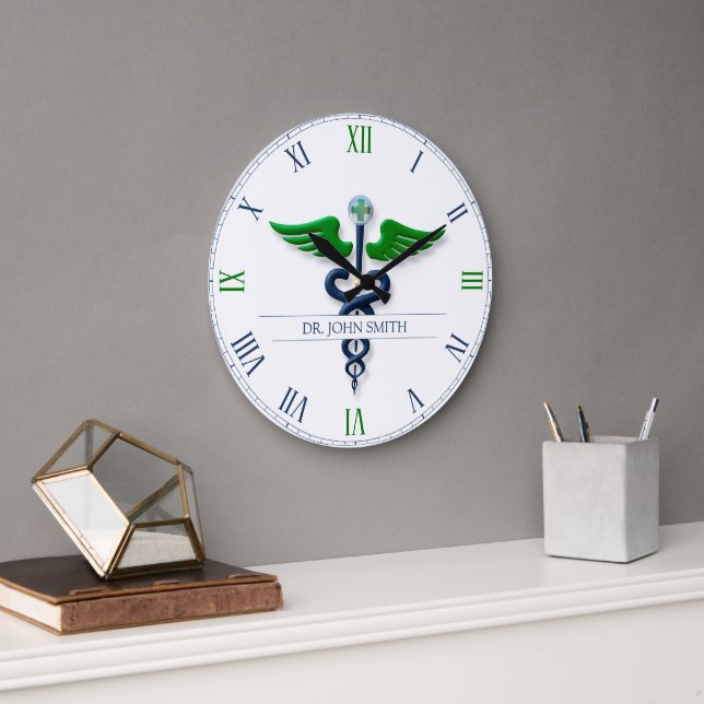 Stylish Caduceus Green Wings Cross Blue Medical Large Clock (Office)