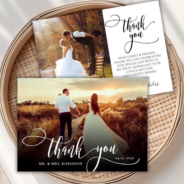 Stylish Calligraphy 2 Photo Wedding Thank You Card (Creator Uploaded)