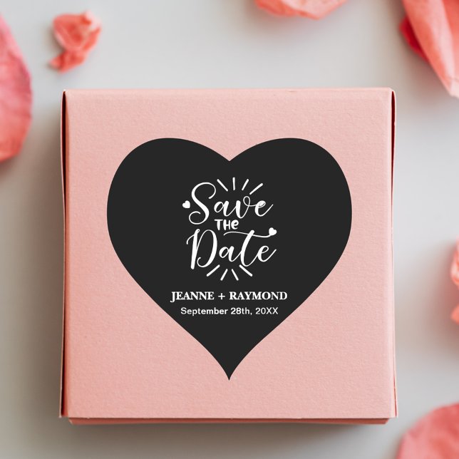 Stylish Calligraphy Black Wedding Save the Date Heart Sticker (Stylish black calligraphy save the date heart sticker adds romantic elegance to invites)