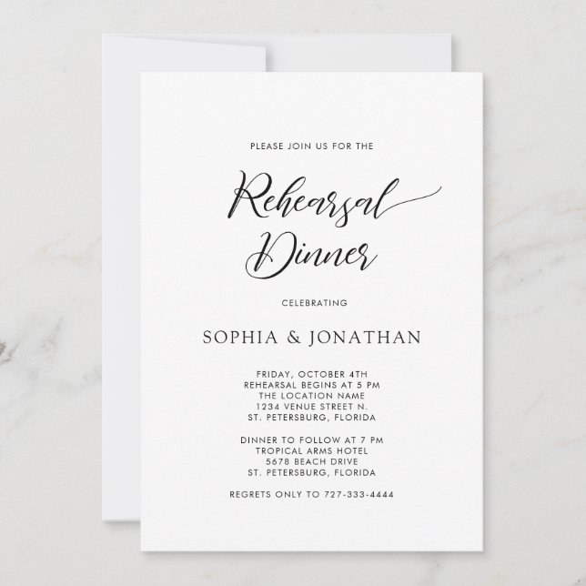 Stylish Calligraphy Black White Rehearsal Dinner Invitation (Front)
