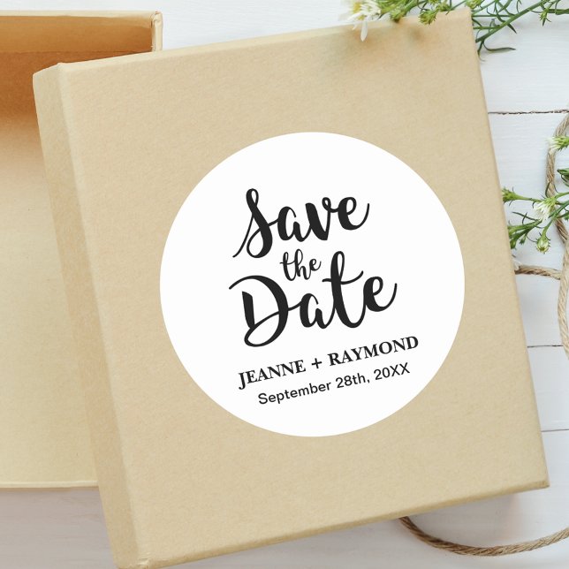 Stylish Calligraphy Custom Wedding Save the Date Classic Round Sticker (Creator Uploaded)