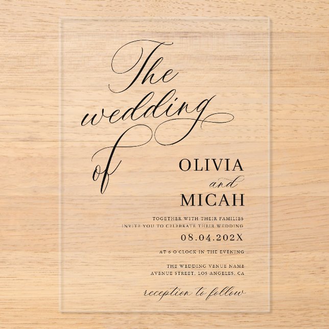 stylish calligraphy elegant black & white wedding acrylic invitations (Front)