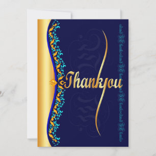 Stylish calligraphy in blue and gold Thank You Card