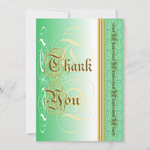 Stylish calligraphy in green and gold thank you card
