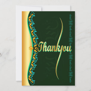 Stylish calligraphy in green and gold Thank You Card
