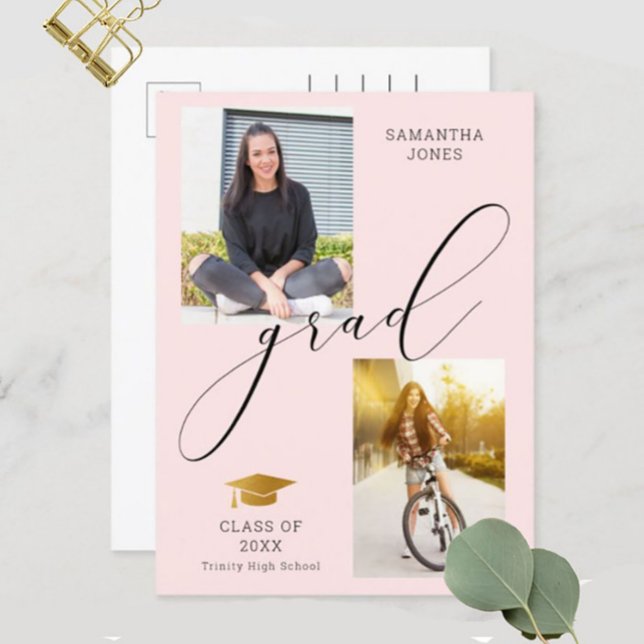 Stylish Calligraphy Personalised 2 Photo Pink Grad Announcement Postcard (Creator Uploaded)