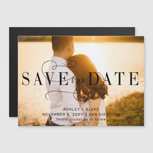 Stylish Calligraphy Photo Save the Date Magnetic Magnetic Invitation (Front/Back)