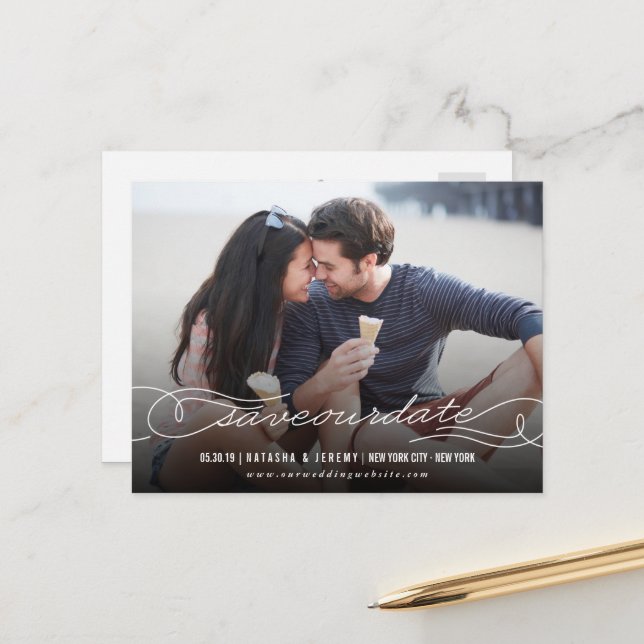 Stylish Calligraphy Script Save Our Date Photo Announcement Postcard (Front/Back In Situ)