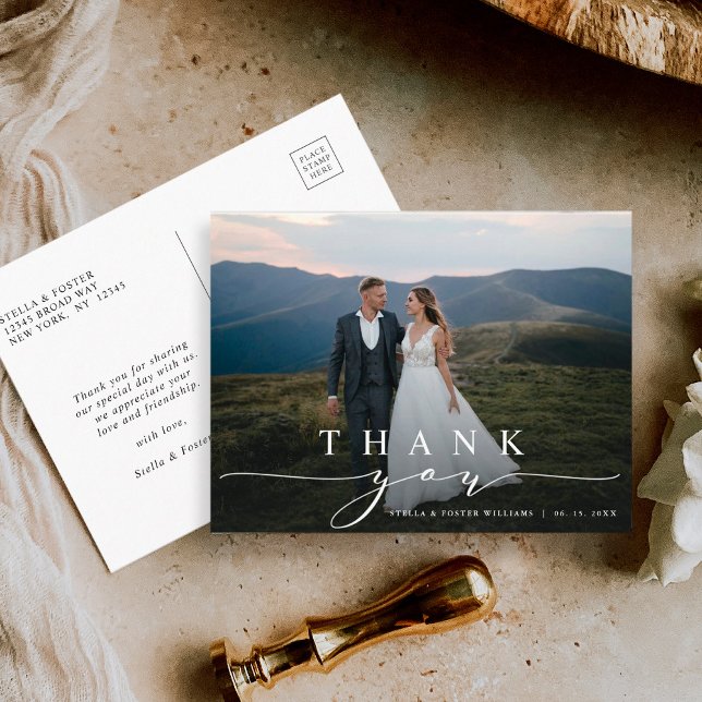 Stylish Calligraphy Wedding Photo Thank You Postcard (Creator Uploaded)