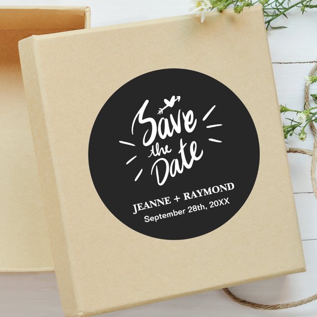 Stylish Calligraphy Wedding Save the Date Black Classic Round Sticker (Stylish black calligraphy sticker adds timeless charm to wedding save the date invitations.)