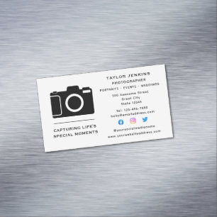 Stylish Camera Freelance Photographer Social Media Magnetic Business Card