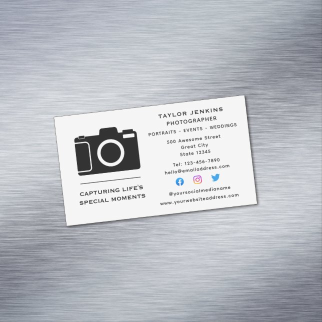 Stylish Camera Freelance Photographer Social Media Magnetic Business Card (In Situ)