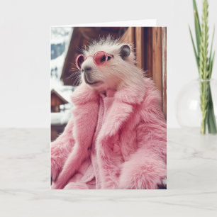 Stylish Capybara in Pink Fur Coat and Sunglasses  Invitation