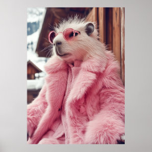 Stylish Capybara in Pink Fur Coat and Sunglasses  Poster