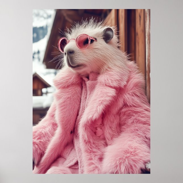Stylish Capybara in Pink Fur Coat and Sunglasses  Poster (Front)