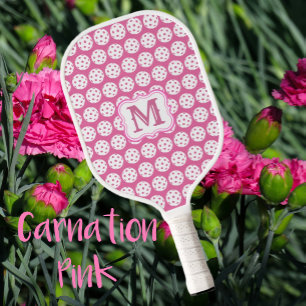 Stylish Carnation Pink and White Monogram Pickleball Paddle