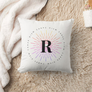 Stylish Carpe Diem Sun Symbol Monogram White Cushion