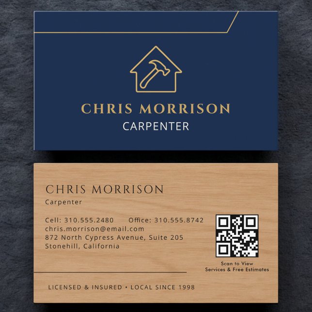 Stylish Carpenter Carpentry Wood QR Code Business Card (Creator Uploaded)