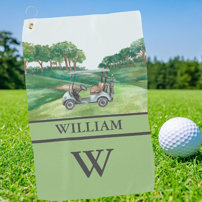 Stylish Cart Course Clubs Monogram Name   Golf Towel (Creator Uploaded)
