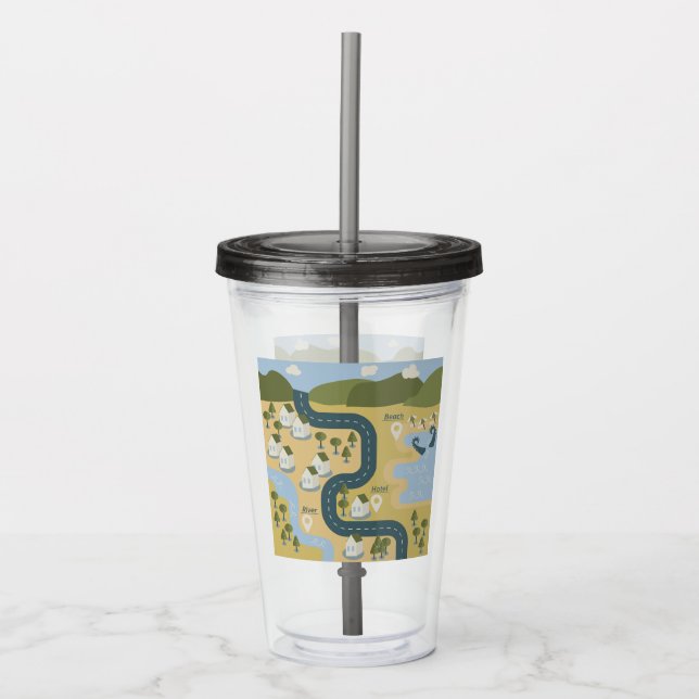 Stylish cartoon landscape vacation travel map acrylic tumbler (Front)
