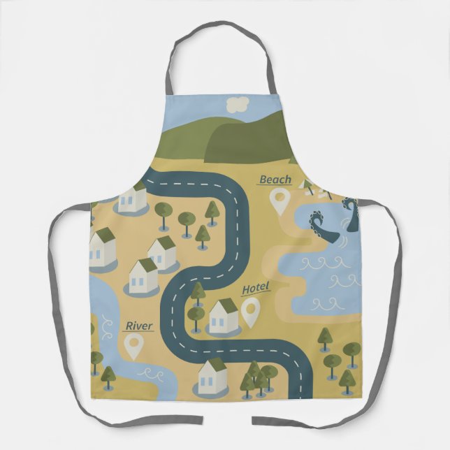 Stylish cartoon landscape vacation travel map apron (Front)