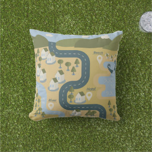 Stylish cartoon landscape vacation travel map cushion