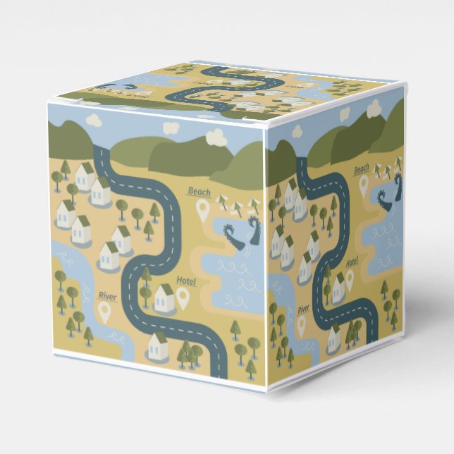 Stylish cartoon landscape vacation travel map favour box (Front Side)