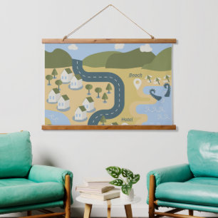 Stylish cartoon landscape vacation travel map hanging tapestry