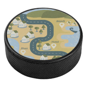Stylish cartoon landscape vacation travel map hockey puck