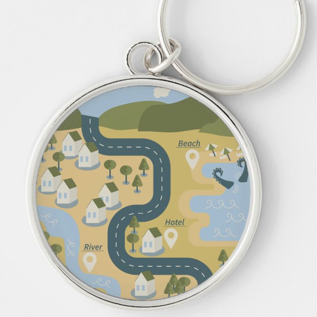 Stylish cartoon landscape vacation travel map key ring (Front)