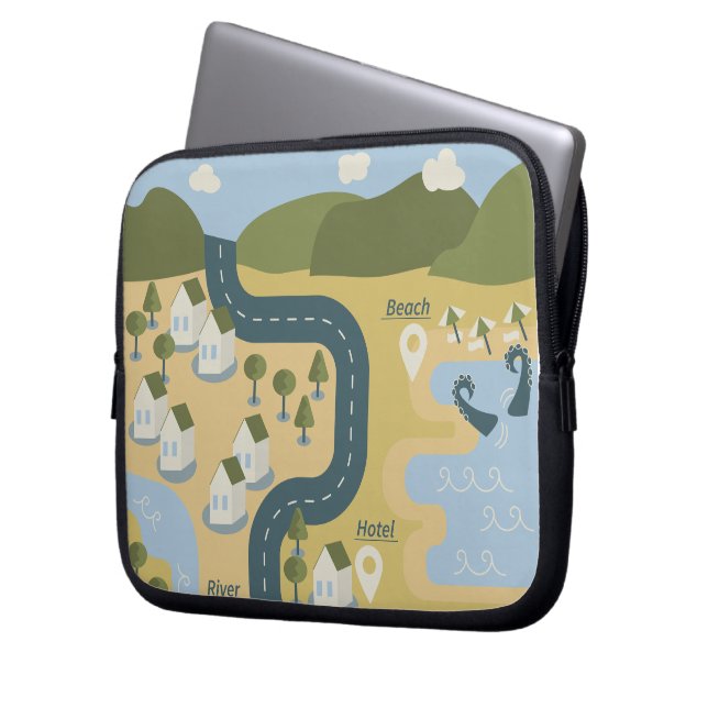 Stylish cartoon landscape vacation travel map laptop sleeve (Front Left)