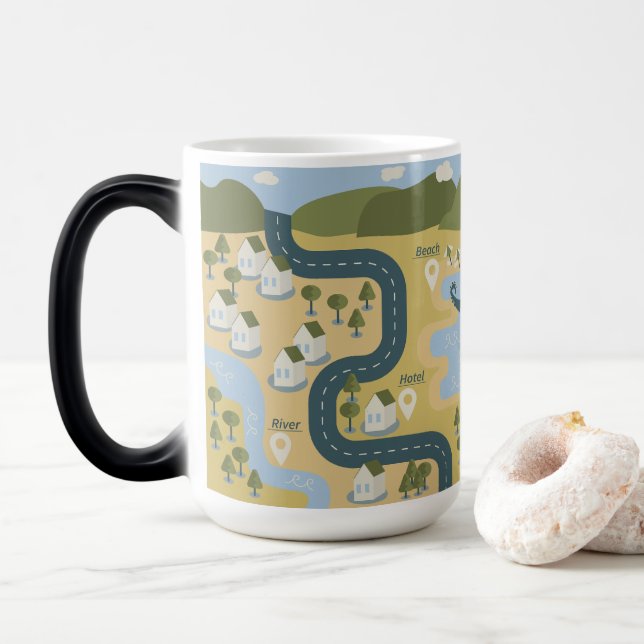 Stylish cartoon landscape vacation travel map magic mug (With Donut)