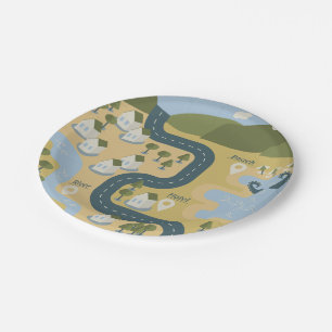 Stylish cartoon landscape vacation travel map paper plate