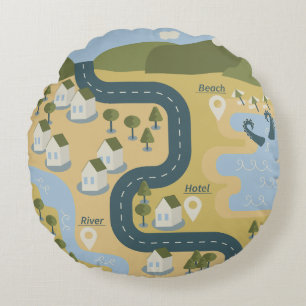 Stylish cartoon landscape vacation travel map round cushion