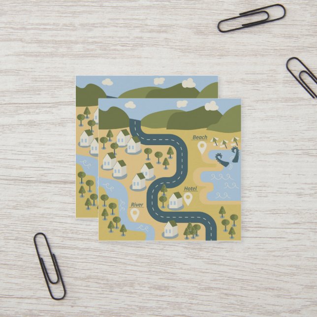 Stylish cartoon landscape vacation travel map square business card (Front/Back In Situ)