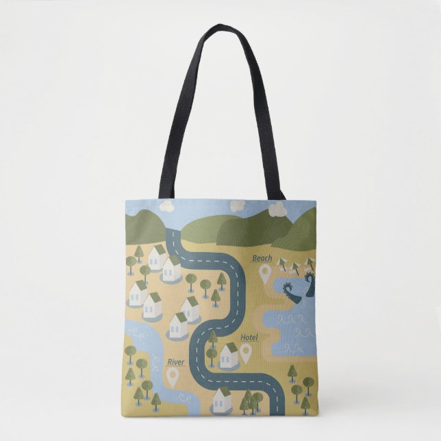 Stylish cartoon landscape vacation travel map tote bag (Front)