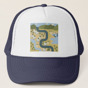 Stylish cartoon landscape vacation travel map trucker hat