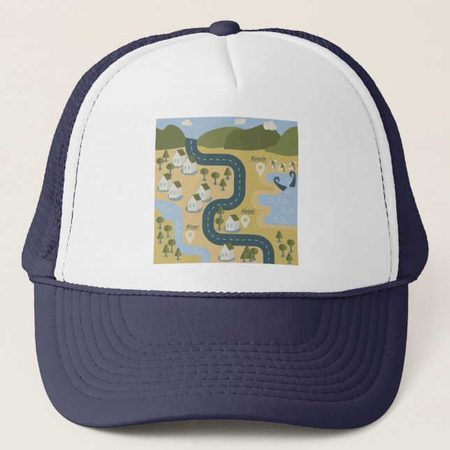 Stylish cartoon landscape vacation travel map trucker hat (Front)