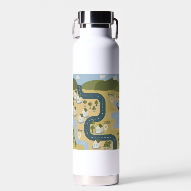 Stylish cartoon landscape vacation travel map water bottle (Front)