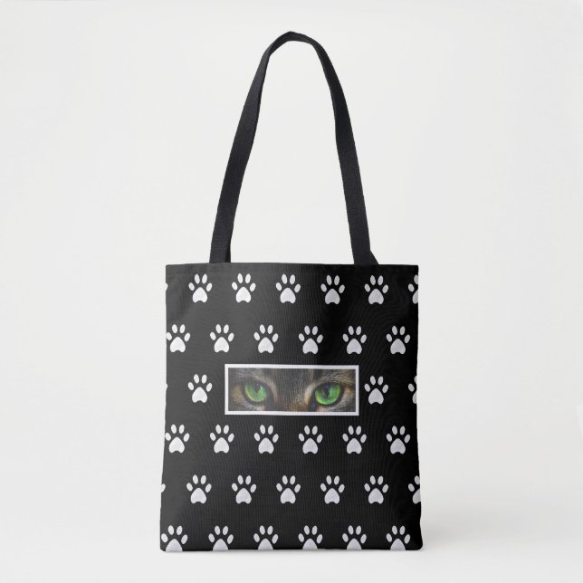 Stylish cat eyes and paw pattern on black & white tote bag (Front)